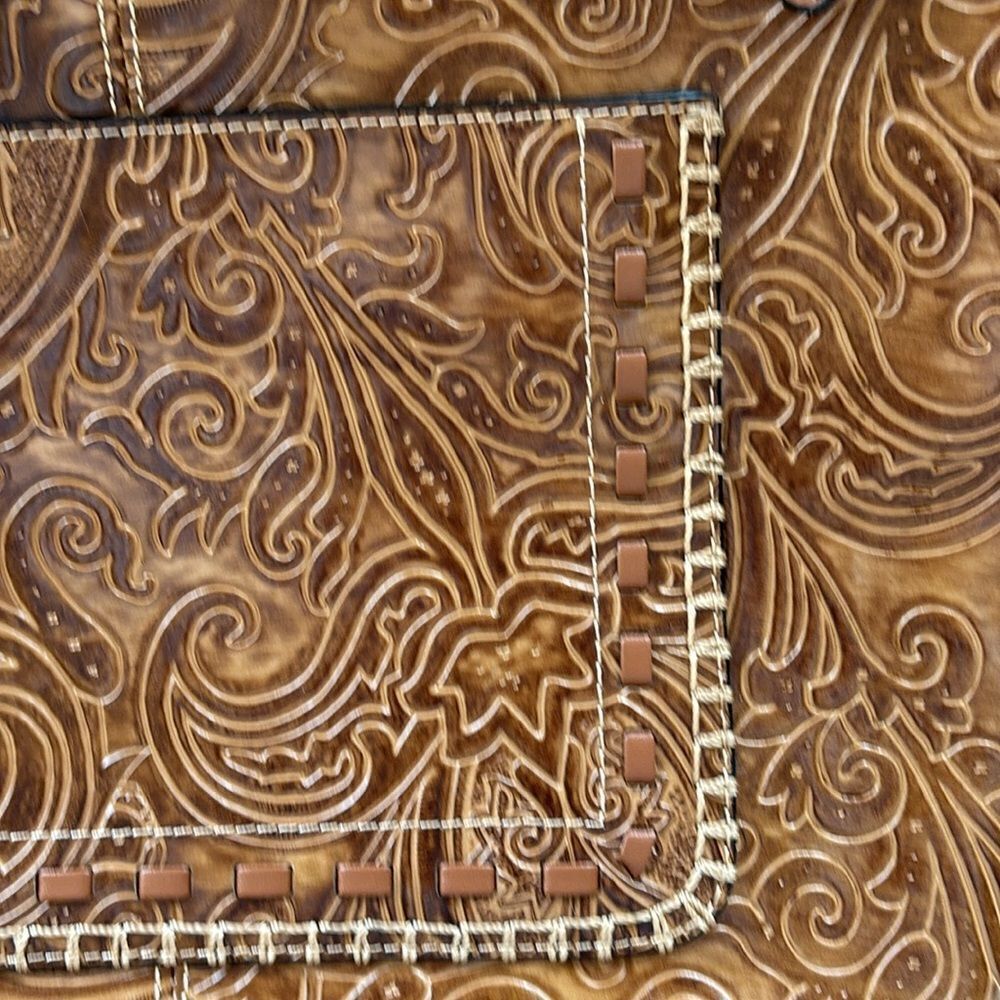 Vintage Large Leather tooled brown shoulder indie bag purse tote - Picture 3 of 9